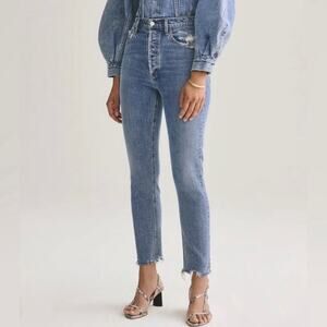 Agolde Nico High Rise Jeans Light Wash Distressed Skinny Jeans Button Fly 28